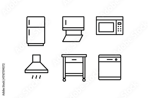 simple outline stroke icon isolated on white background drawer style fridge fold down cutting surface overhead microwave cubby integrated hood vent rolling island cart dishwasher slot