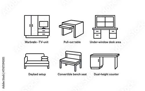 simple outline stroke icon isolated on white background wardrobe TV unit combo pull table under window desk area daybed setup convertible bench dual height