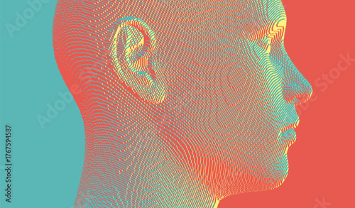 Abstract digital human head constructing from cubes. Minimalistic design for business presentations, flyers or posters. Technology and robotics concept. Voxel art. 3D vector illustration.