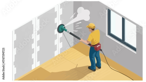 Construction worker wearing safety helmet and protective clothing using a power sander to smooth a wall during interior renovation project