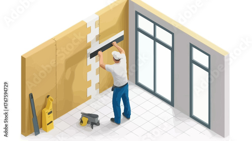 Construction worker installing insulation material into a wall cavity next to large windows in a modern building interior