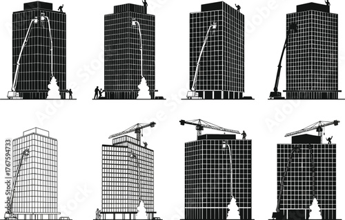 Window cleaning vector set, high-rise building maintenance illustration, boom lift and crane access, urban facade care, professional exterior cleaning workers