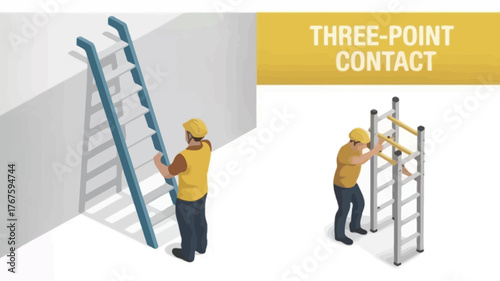Illustrative depiction of safe ladder climbing technique emphasizing three point contact for construction workers and diy enthusiasts