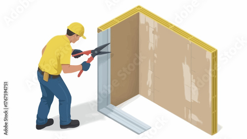 Construction worker in yellow uniform and cap using scissors to cut metal corner bead for drywall installation on white background