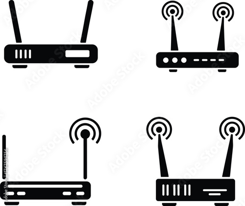 Wireless router icon vector set, modern WiFi technology device illustration, internet connection equipment, communication signal symbol, network data router design silhouette