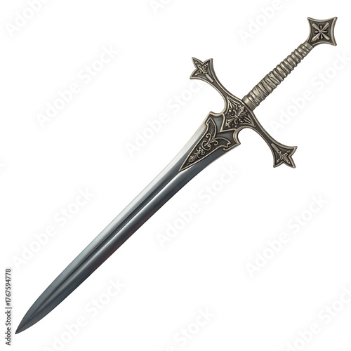 Ornate medieval fantasy sword with intricate detailing and a sharp blade isolated on transparent background