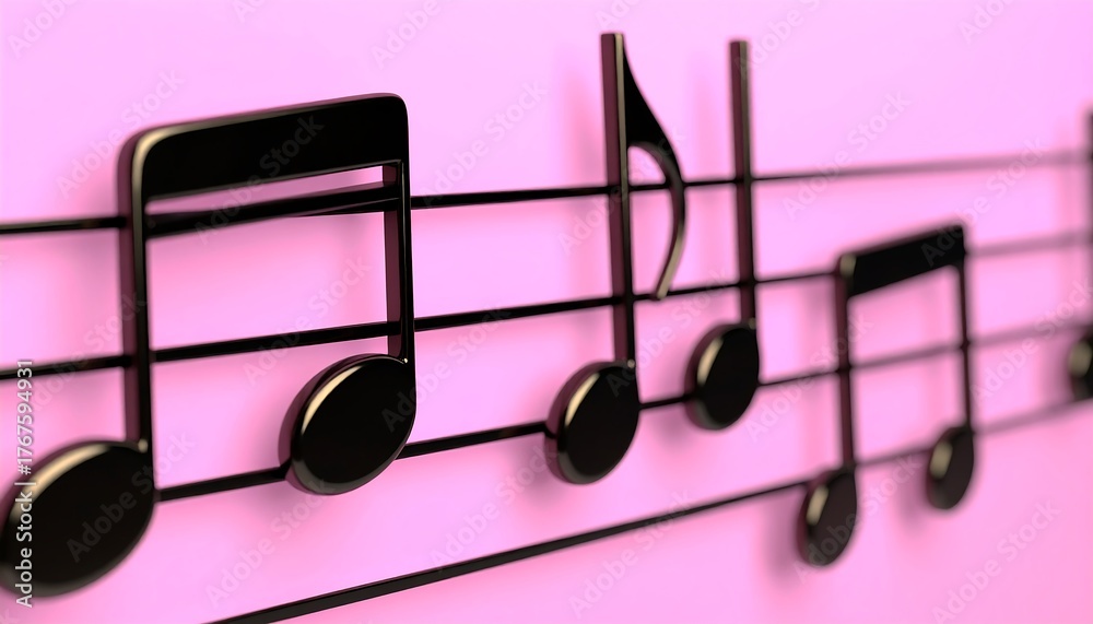 Fototapeta premium A close-up perspective of glossy black three-dimensional musical notes on a staff, creating a beautiful melody concept against a vibrant pink background with a shallow depth of field