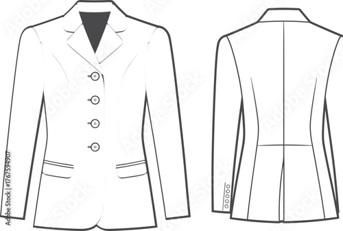 Women's tailored blazer vector, fashion technical sketch, front and back view, garment construction drawing, formal jacket design, apparel illustration
