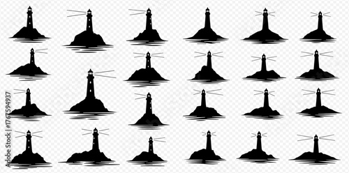 A comprehensive collection of various black lighthouse silhouettes standing on rocky islands amidst water, presented as vector graphic elements.