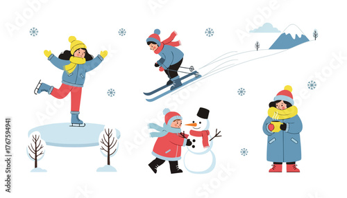 Illustration depicting winter activities: ice skating, skiing, building a snowman, and a child holding a warm drink in a snowy landscape.