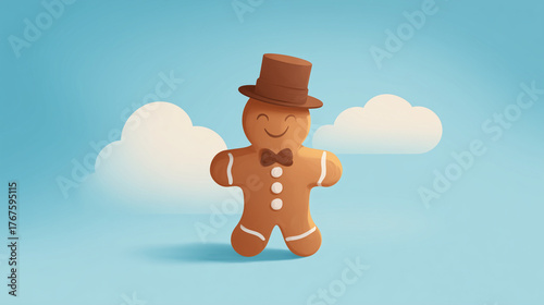 Festive Smiling Gingerbread Man in Hat, Whimsical Illustration for Holiday Celebration. Joyful and Playful Character Design for Children's Books and Decorations