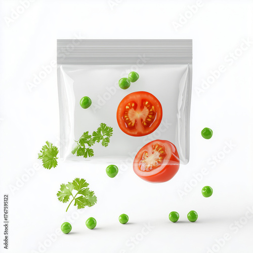 Glossy White Stand-Up Pouch Mockup with Floating Food Elements