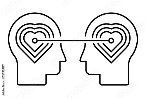 Two heads connected through hearts, symbolizing empathy, love, understanding and emotional connection. Human relationship concepts. psychology, communication and compassion. Vector illustration.  