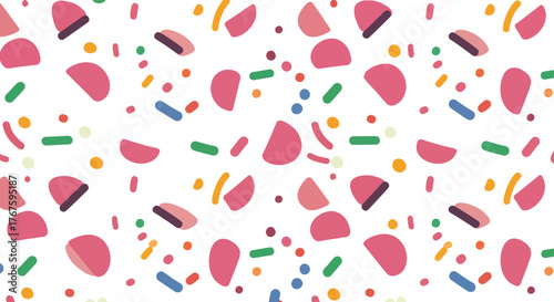 abstract pattern with colorful shapes scattered on white creating a playful texture perfect for backgrounds and designs.