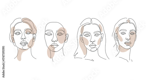 Minimalist female faces line art illustrations for diverse beauty concepts simple line drawing conveying elegance and modern femininity ideal for cosmetic branding.