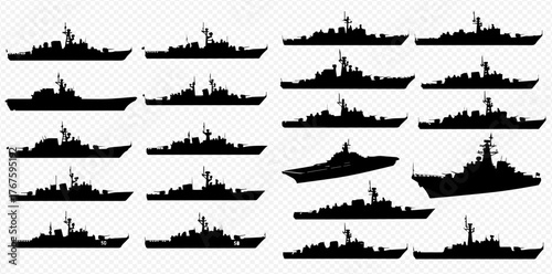 A collection of black silhouettes depicting various military warships and naval vessels.