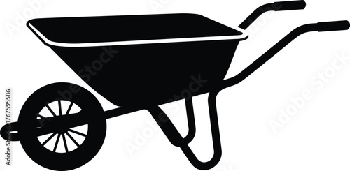 Wheelbarrow silhouette vector illustration, construction and gardening equipment design, heavy load tool, landscaping work symbol, agriculture, labor, transportation, farm tool concept