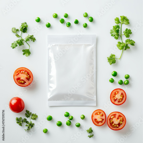Realistic Packaging Design Featuring Tomato, Peas, and Coriander