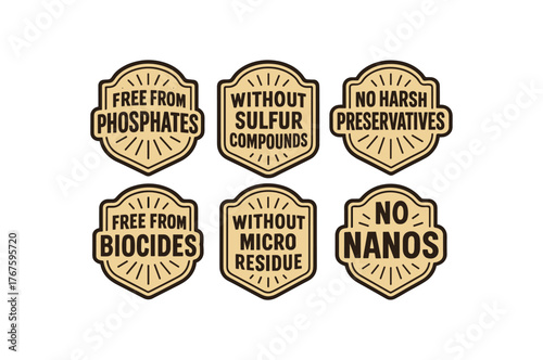 vintage badge label set with bold retro typography and starburst rays flat vector illustration style isolated on white background effects containing phrases like Free from Phosphates