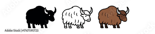 yak shaggy ox icon on white background Black silhouette flat icon outline icon and colored icon style. three minimal vector icon style