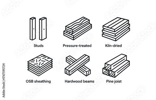 simple outline stroke icon isolated on white background 2x4 framing studs pressure treated planks kiln dried boards OSB sheathing stack hardwood beams pine joist pile