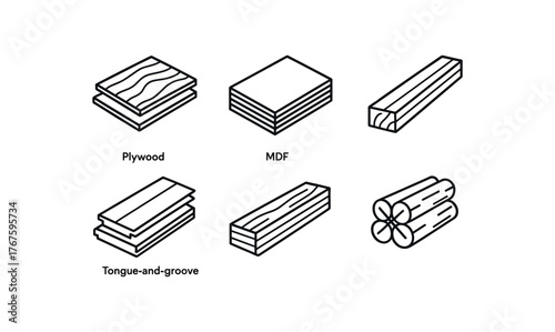 simple outline stroke icon isolated on white background plywood sheets MDF board pile cedar trim stock tongue and groove panels laminated veneer lumber cross braced wood stack