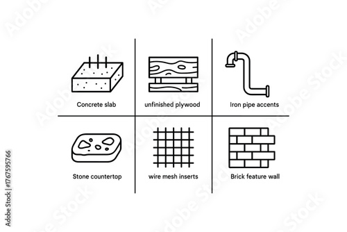simple outline stroke icon isolated on white background concrete slab walls unfinished plywood shelves iron pipe accents stone countertop wire mesh inserts brick feature
