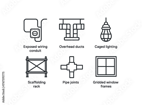 simple outline stroke icon isolated on white background exposed wiring conduit overhead ducts caged lighting scaffolding rack raw pipe joints gridded window frames