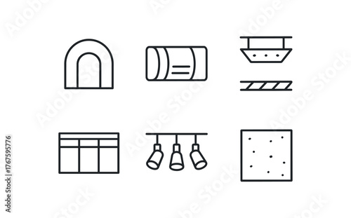 simple outline stroke icon isolated on white background vaulted frame ductwork exposure acoustic ceiling panel upper window row spotlight rail system bare concrete slab
