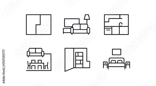 simple outline stroke icon isolated on white background studio style layout seamless room flow no fixed walls integrated living zones corner function spaces furniture defined boundaries