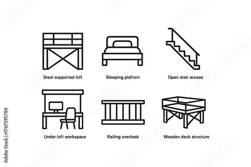 simple outline stroke icon isolated on white background steel supported loft sleeping platform open stair access under loft workspace railing overlook wooden deck structure