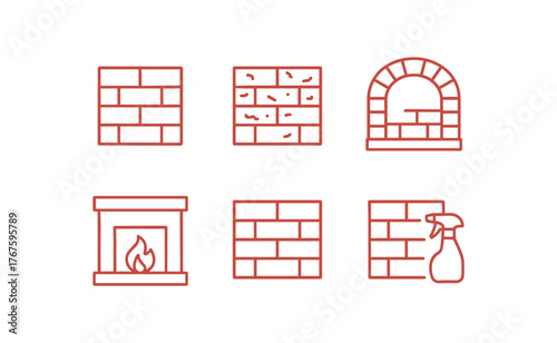 simple outline stroke icon isolated on white background red clay brick weathered surface arched brickwork fireplace accent original factory brick sealed matte coat