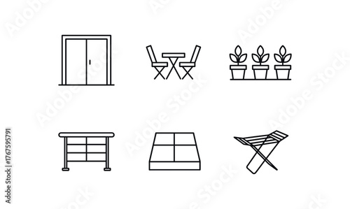 simple outline stroke icon isolated on white background sliding glass door foldable chair set potted plant row metal railing concrete slab floor drying rack