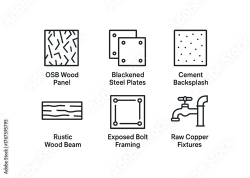 simple outline stroke icon isolated on white background OSB wood panel blackened steel plates cement backsplash rustic wood beam exposed bolt framing raw copper fixtures