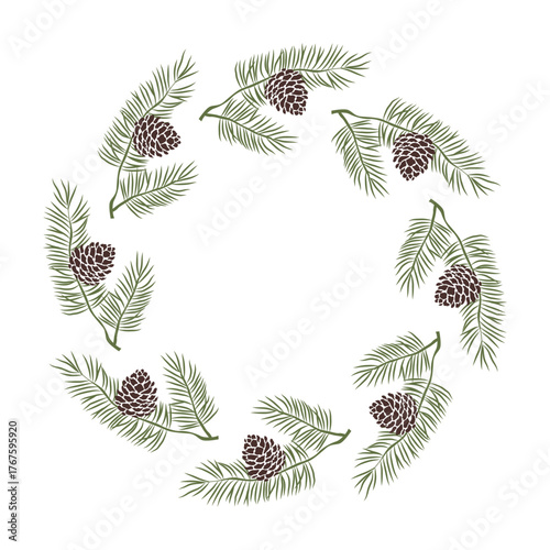 New Year's wreath made of pine branches and pine cones Christmas illustration Vector holiday design