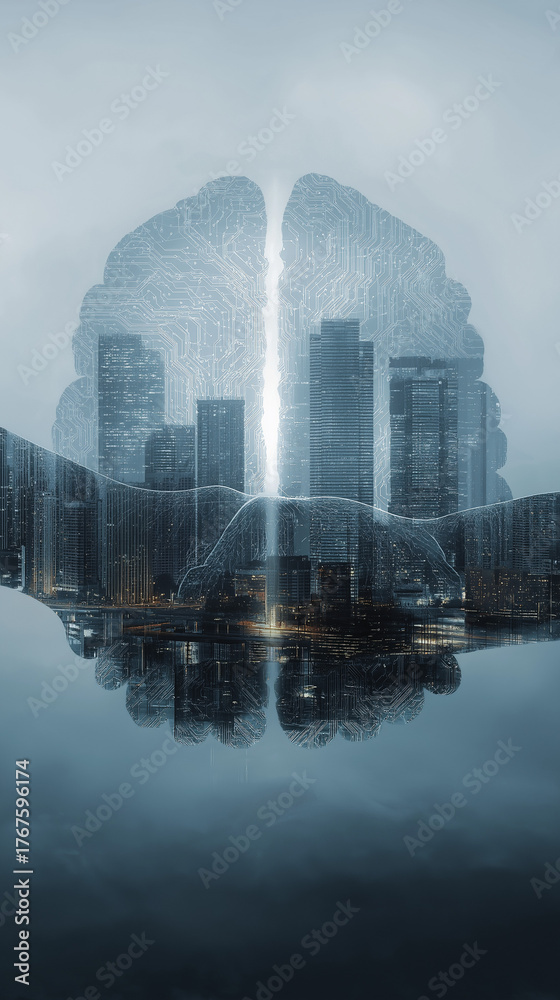 Fototapeta premium Double exposure cityscape brain overlay abstract art futuristic concept technology ai