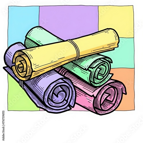 Colorful rolled up scrolls tied together with a ribbon on a pastel background