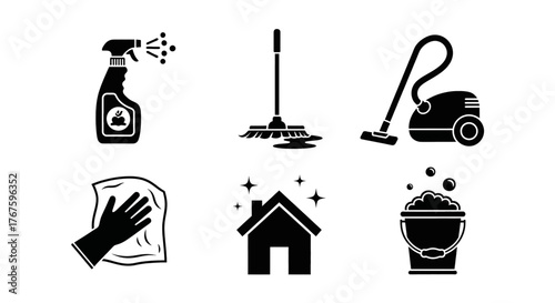 Collection of cleaning icons representing household chores and hygiene