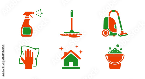 Brightly colored icons represent essential household cleaning tools and tasks.