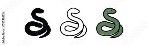 snake coiled reptile icon on white background Black silhouette flat icon outline icon and colored icon style. three minimal vector icon style