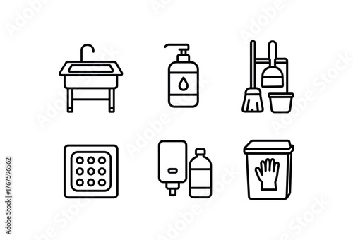 simple outline stroke icon isolated on white background stainless steel sink unit hand sanitizer dispenser mop and bucket rack floor drain cover soap refill unit disposable gloves bin