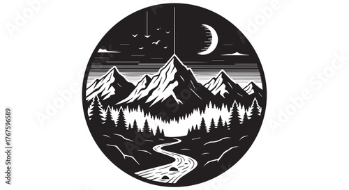 Monochrome Mountain, Forest, and River Circle Emblem