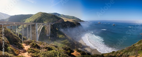 Beautiful view of the Bixby Bridge from Vista Point. A lovely road trip from Los Angeles to San Francisco along the West Coast by the Pacific Ocean. Beautiful scenery in California. High quality photo