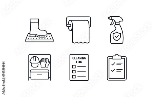 simple outline stroke icon isolated on white background boot washing mat mounted paper towel roll food safe disinfectant spray PPE storage rack cleaning log sheet hygiene checklist board