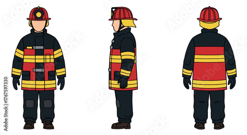 Detailed Illustration of a Firefighter's Uniform Front, Side, and Back Views Showcasing Safety Apparel and Protective Gear for Emergency Response and Rescue Operations