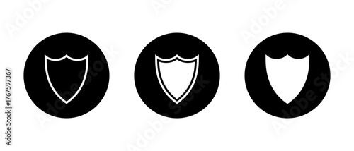 Protection shield icon set in black circle. Security and defense symbol. Safety, armor, and secure protection sign