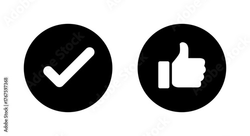 Check mark and thumbs up icon in black circle. Tick and like symbol