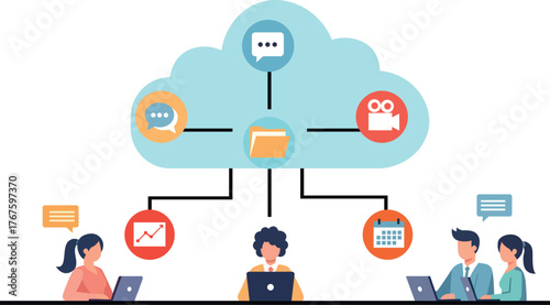 Vector illustration of office employees working together through cloud computing technology. The image shows people using laptops connected to a large cloud with icons representing communication, data