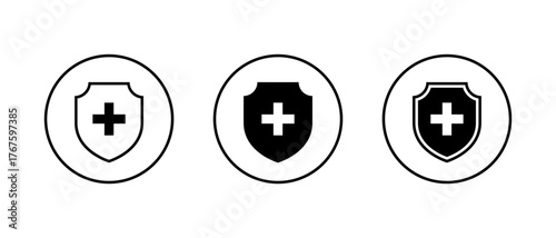 Medical shield icon set in circular outline. Health protection and safety symbol