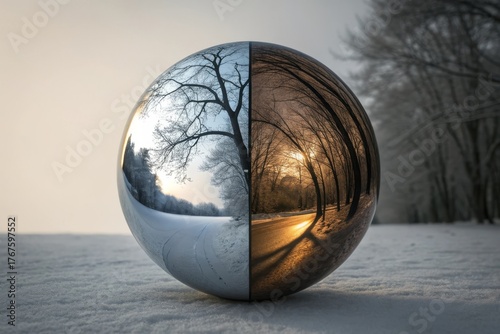 Metallic sphere reflecting winter landscape with split halves